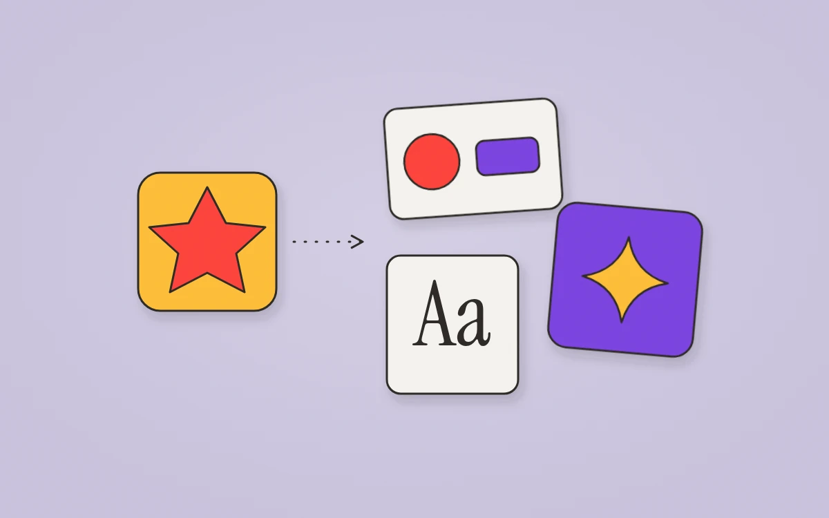 Illustration of a star logo tile expanding into a brand identity system: a business card, an 'Aa' type specimen and a social media tile.
