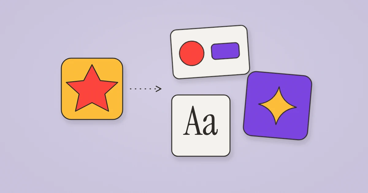 Illustration of a star logo tile expanding into a brand identity system: a business card, an 'Aa' type specimen and a social media tile.