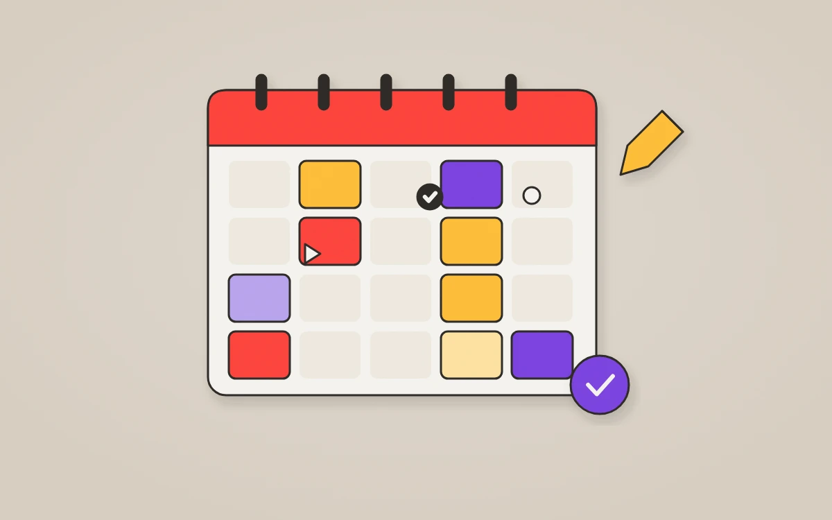 Illustration of a monthly content calendar with colour-coded post slots, a pencil and a completed tick.
