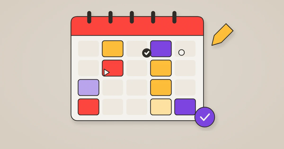 Illustration of a monthly content calendar with colour-coded post slots, a pencil and a completed tick.