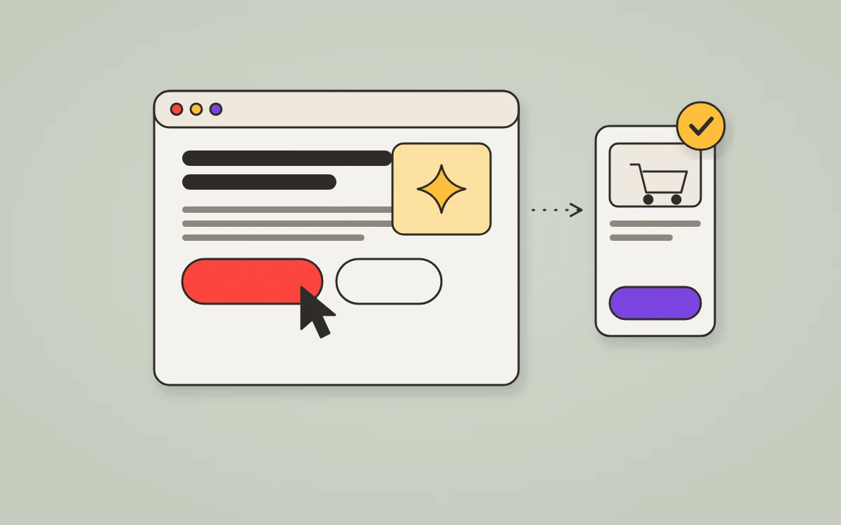 Illustration of a website with a cursor clicking its main button, leading to a mobile checkout with a shopping cart and a tick.
