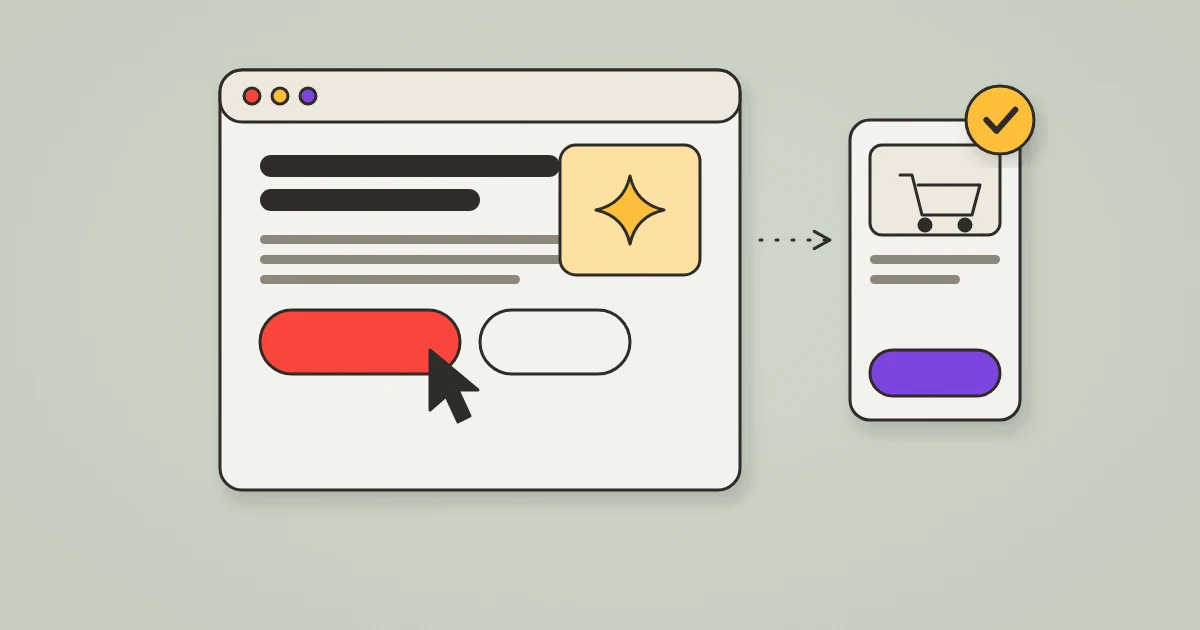 Illustration of a website with a cursor clicking its main button, leading to a mobile checkout with a shopping cart and a tick.