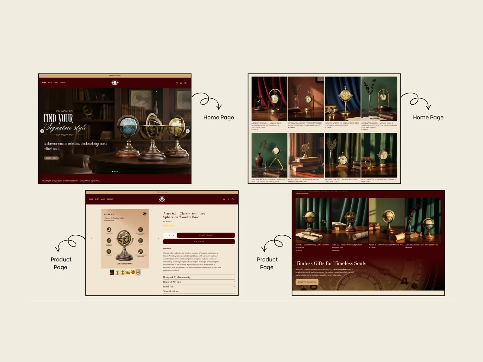 Antiqula: Desktop pages overview: home and product pages · product photography by Talknlock
