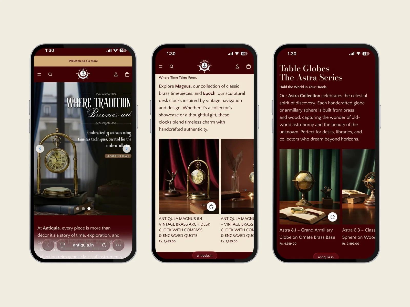 Antiqula: Mobile screens: home and product pages · banner design by Talknlock