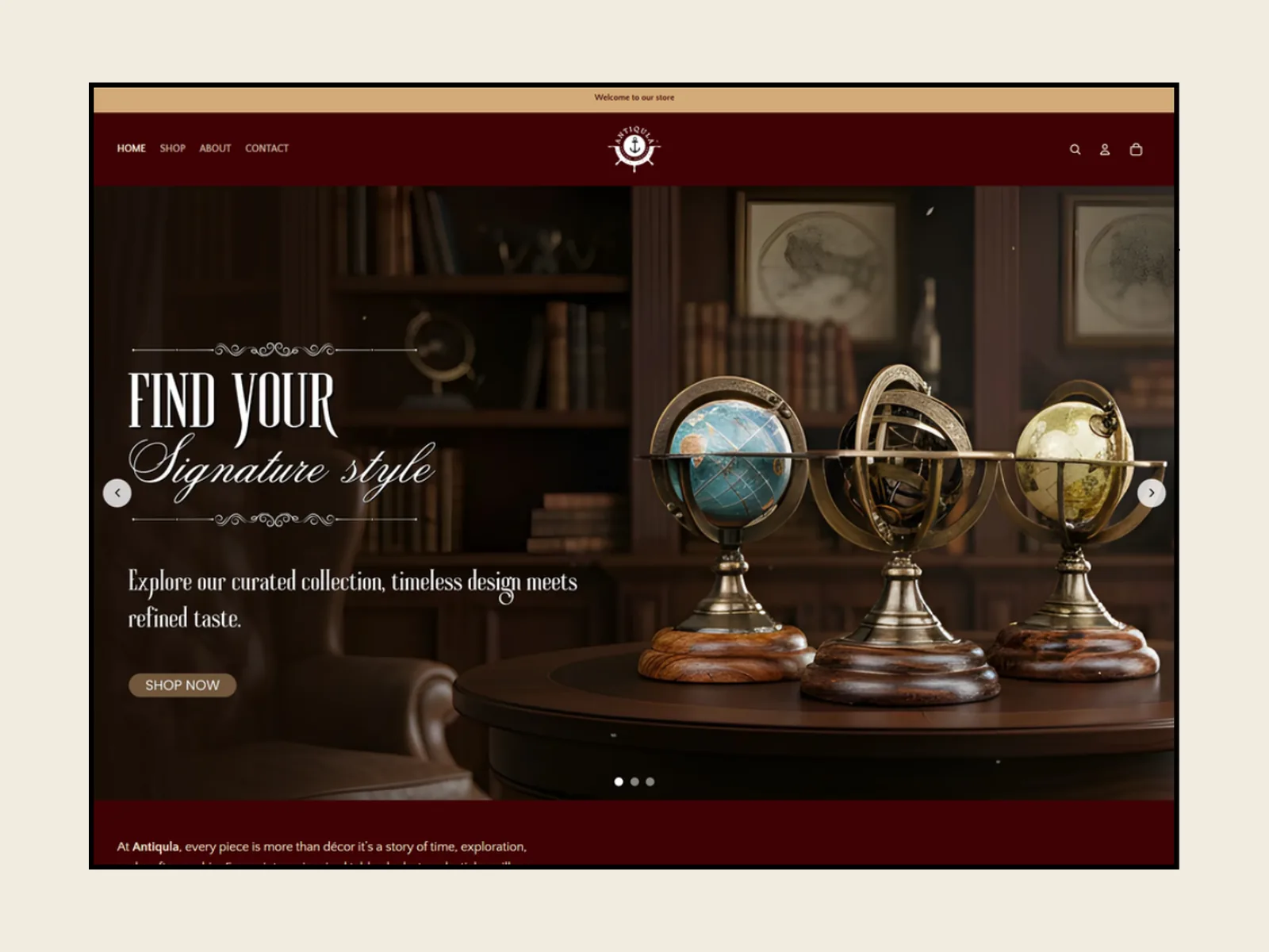 Antiqula: Home page: hero banner · banner design & product photography by Talknlock