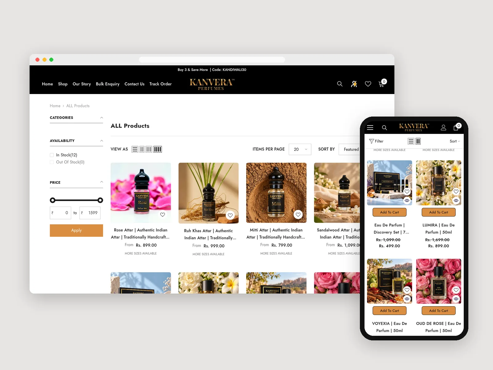 Kanvera Perfumes: All products collection page on desktop and mobile · product photography by Talknlock