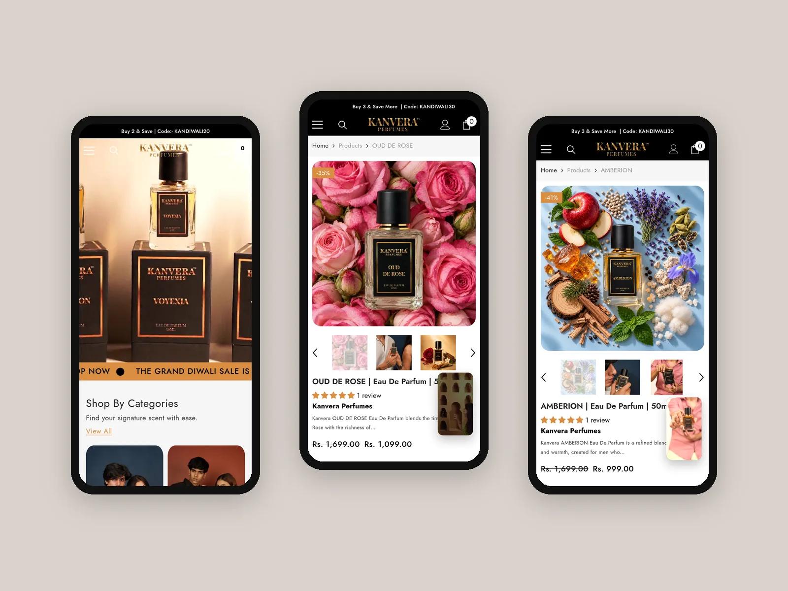Kanvera Perfumes: Mobile screens: home, Oud de Rose and Amberion product pages · banner design & product photography by Talknlock