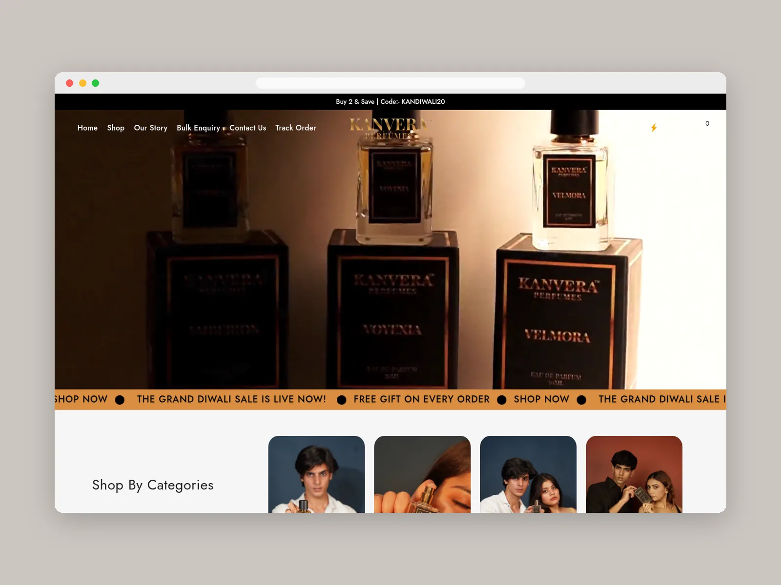 Kanvera Perfumes: Home page hero banner · banner design & product photography by Talknlock