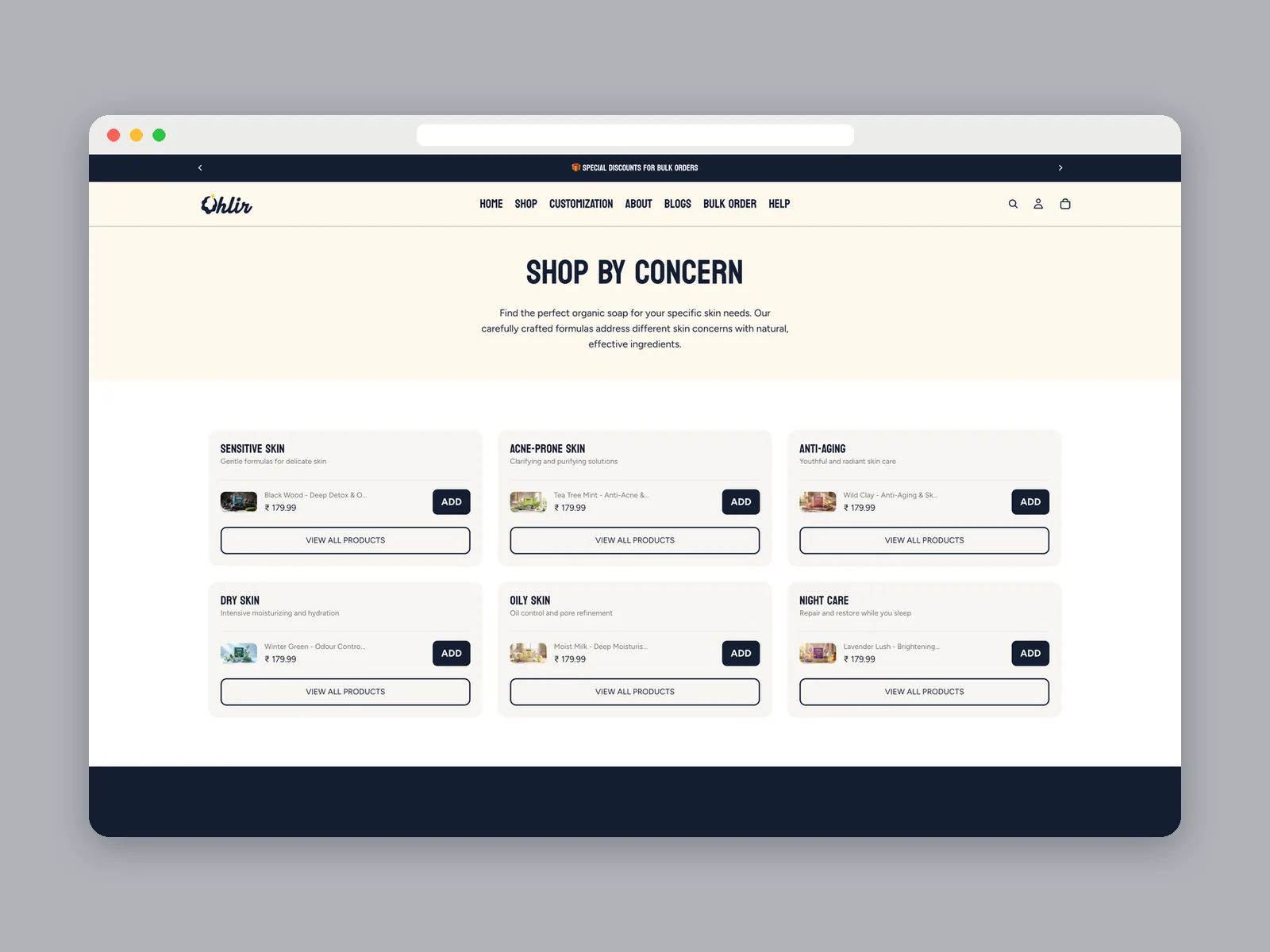 Ohlir: Shop by concern page design