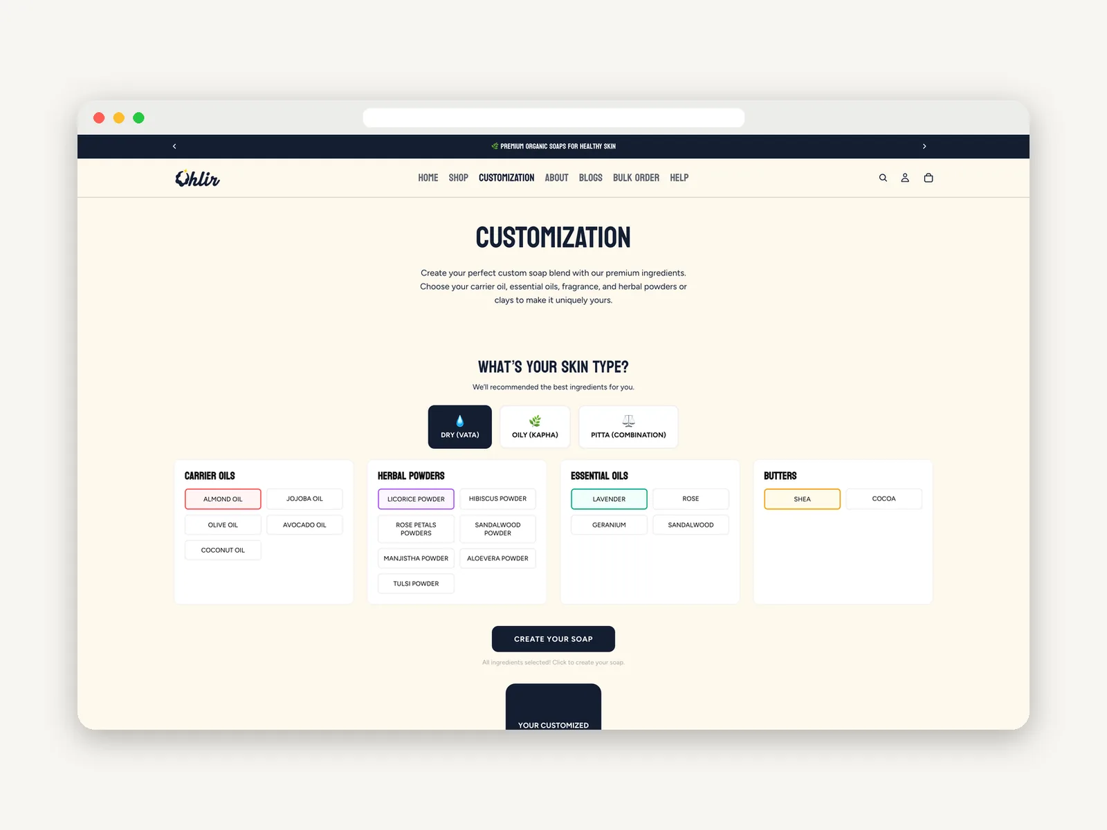 Ohlir: Customisation page design
