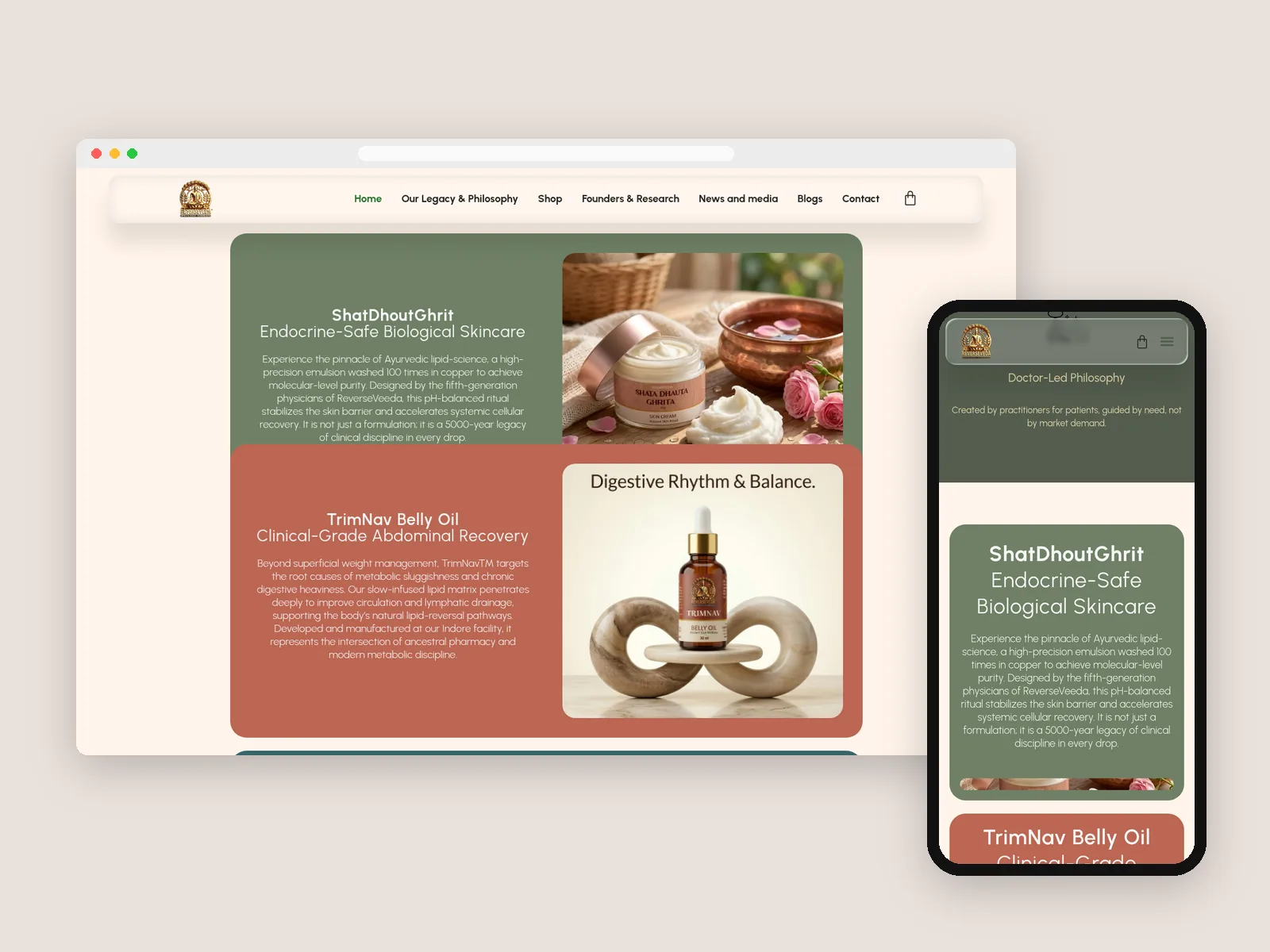 Reverse Veda: Product range on desktop and mobile · product photography by Talknlock