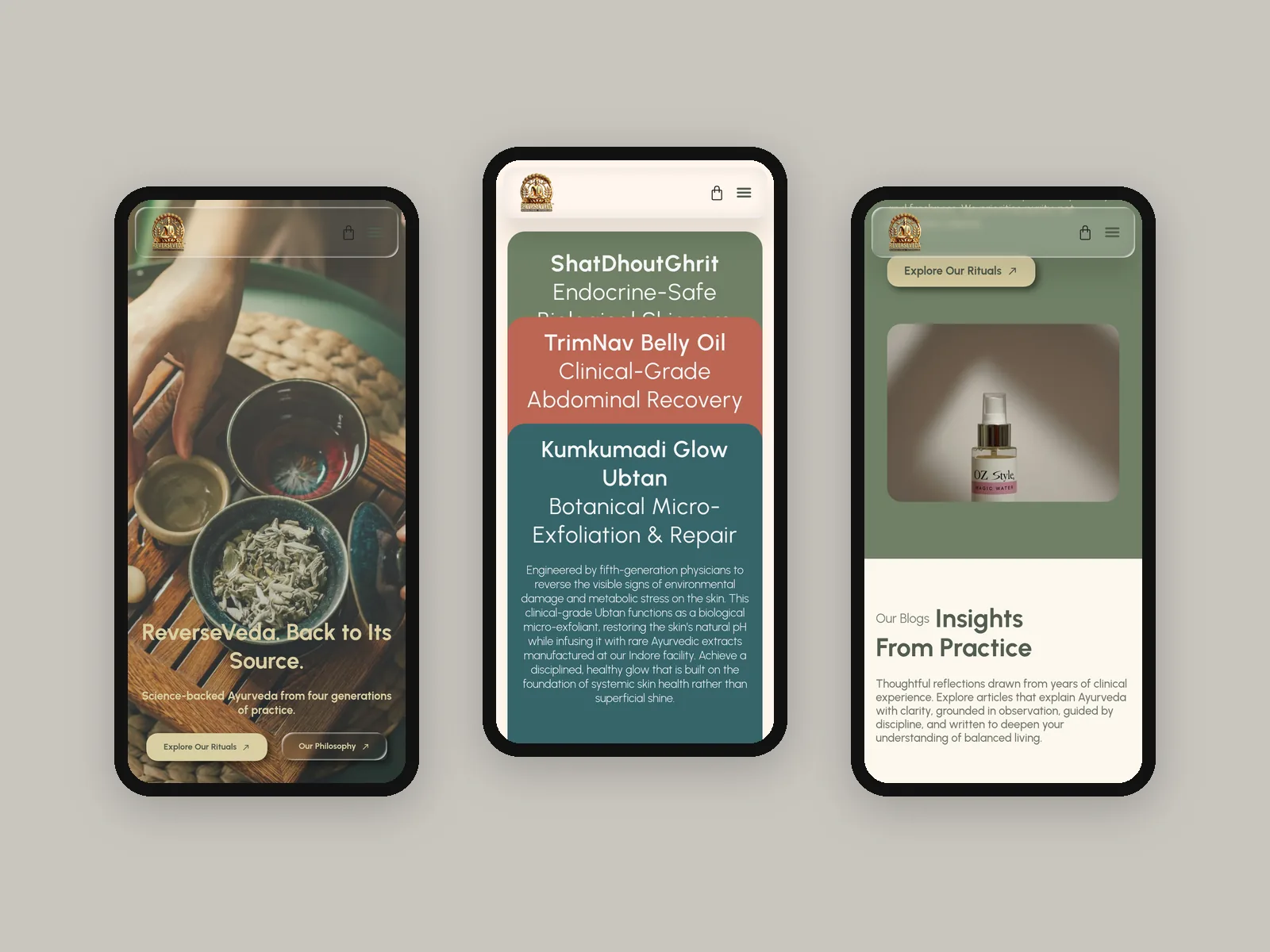 Reverse Veda: Mobile screens: hero, product cards, insights · banner design by Talknlock