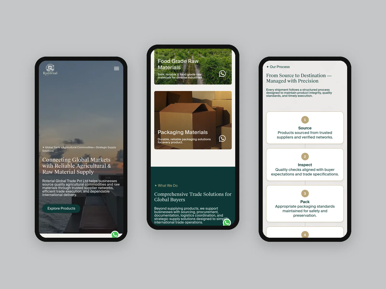 Roterial Global Trades: Mobile screens: hero, products, process · banner design by Talknlock