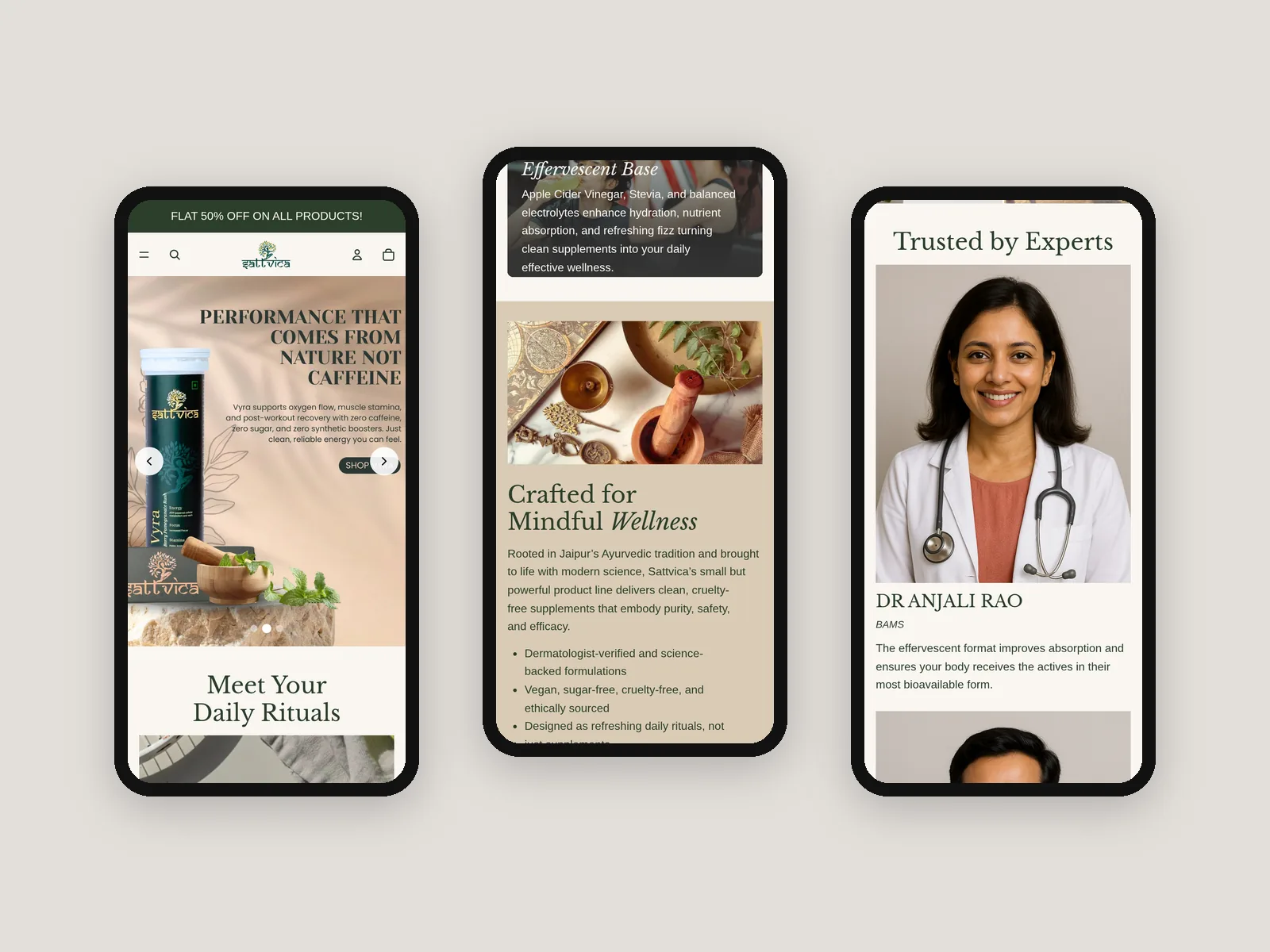 Sattvica: Mobile screens: hero, mindful wellness, trusted by experts · banner design by Talknlock