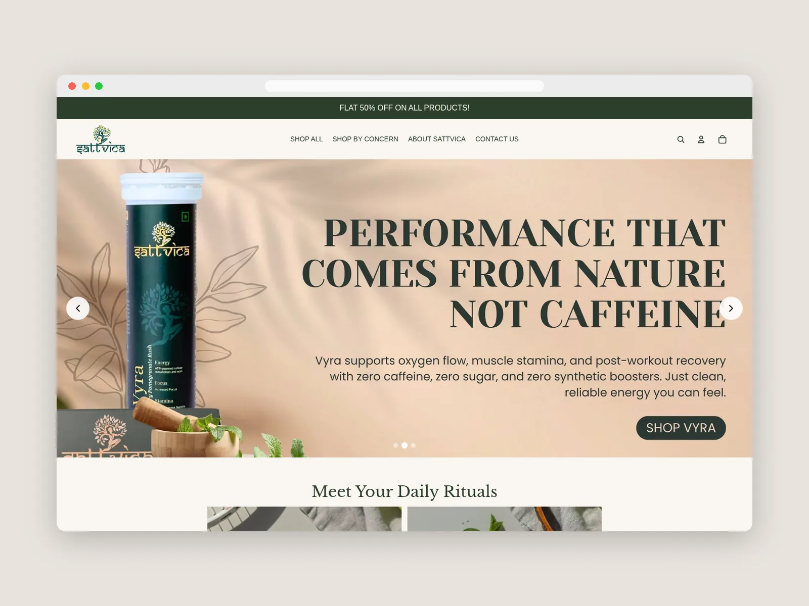 Sattvica: Hero banner · banner design & product photography by Talknlock