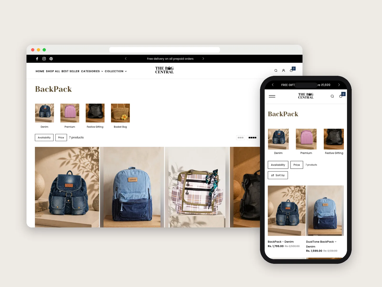 The Bag Central: Collection page on desktop and mobile · product photography by Talknlock
