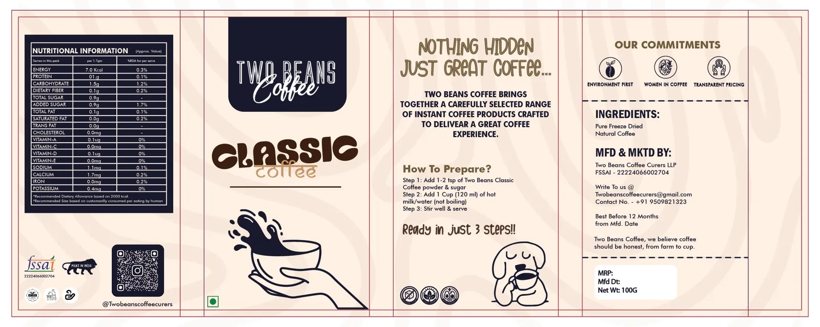 Two Beans Coffee: Classic instant coffee jar wrap label, flat