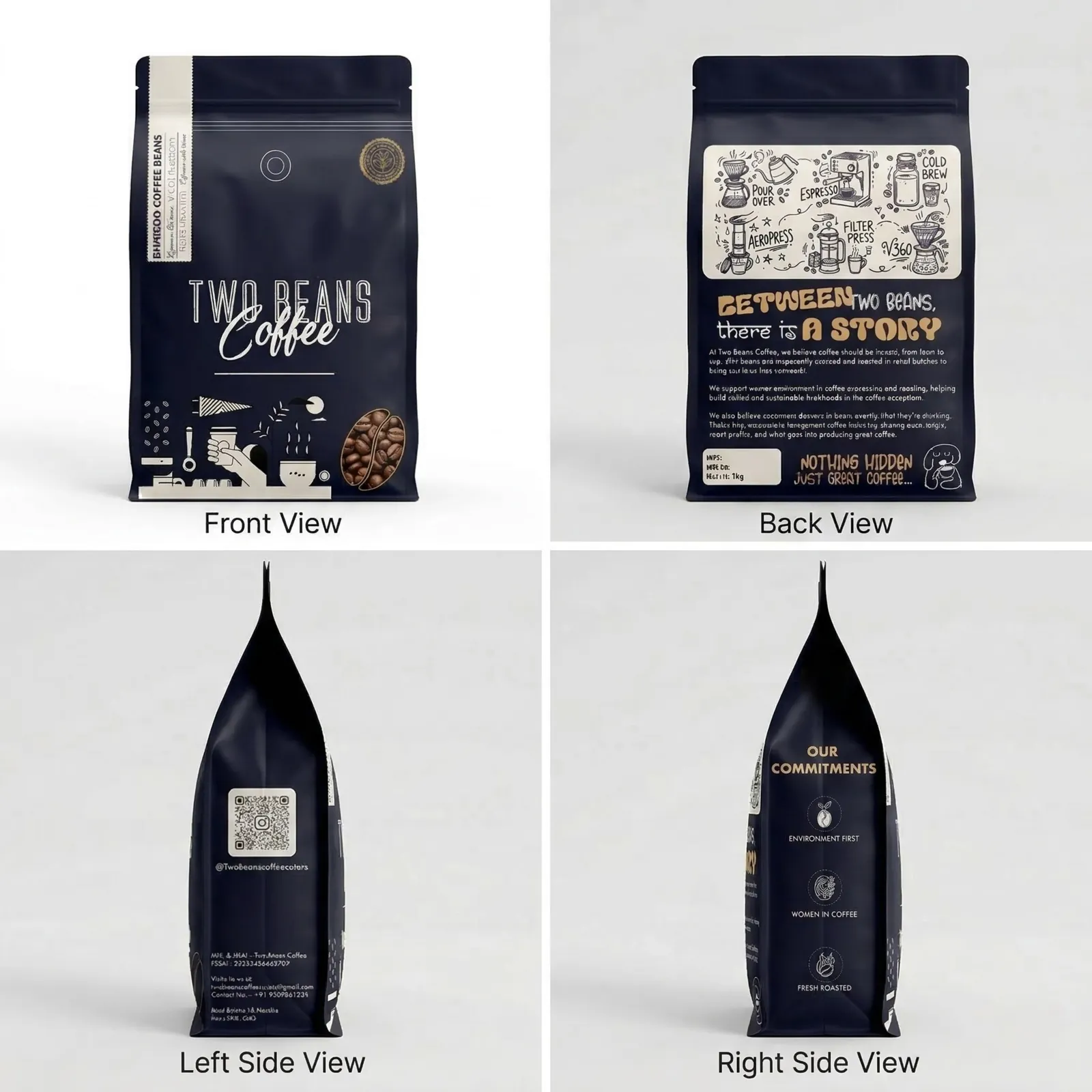 Two Beans Coffee: Coffee bean pouch: front, back and side views