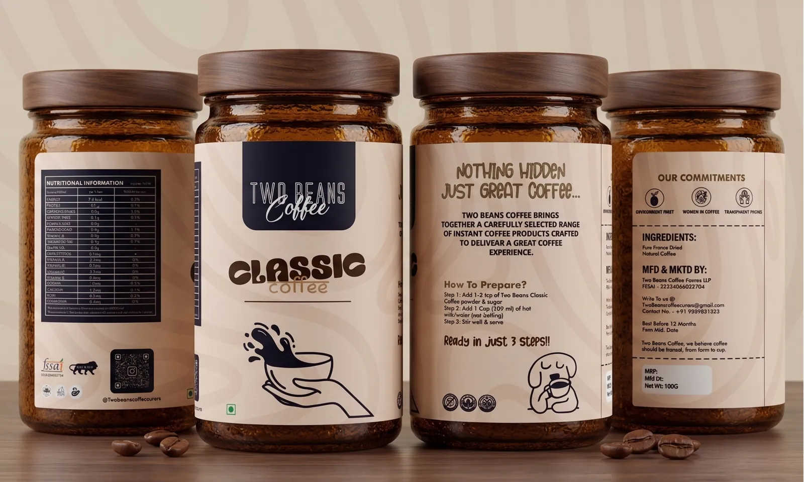 Two Beans Coffee: Classic instant coffee jars with wrap label