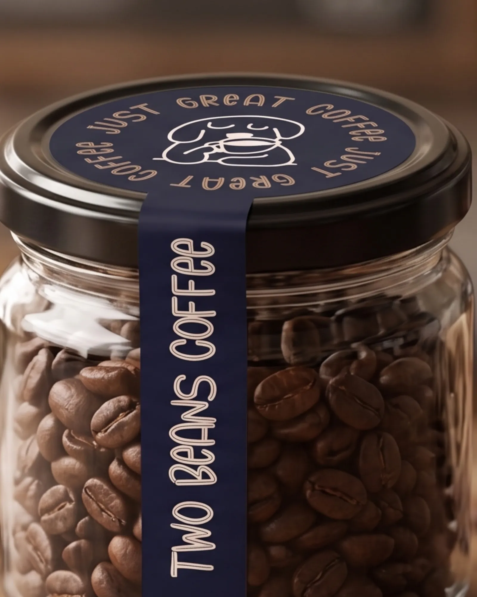 Two Beans Coffee: Coffee bean jar with seal sticker, close-up